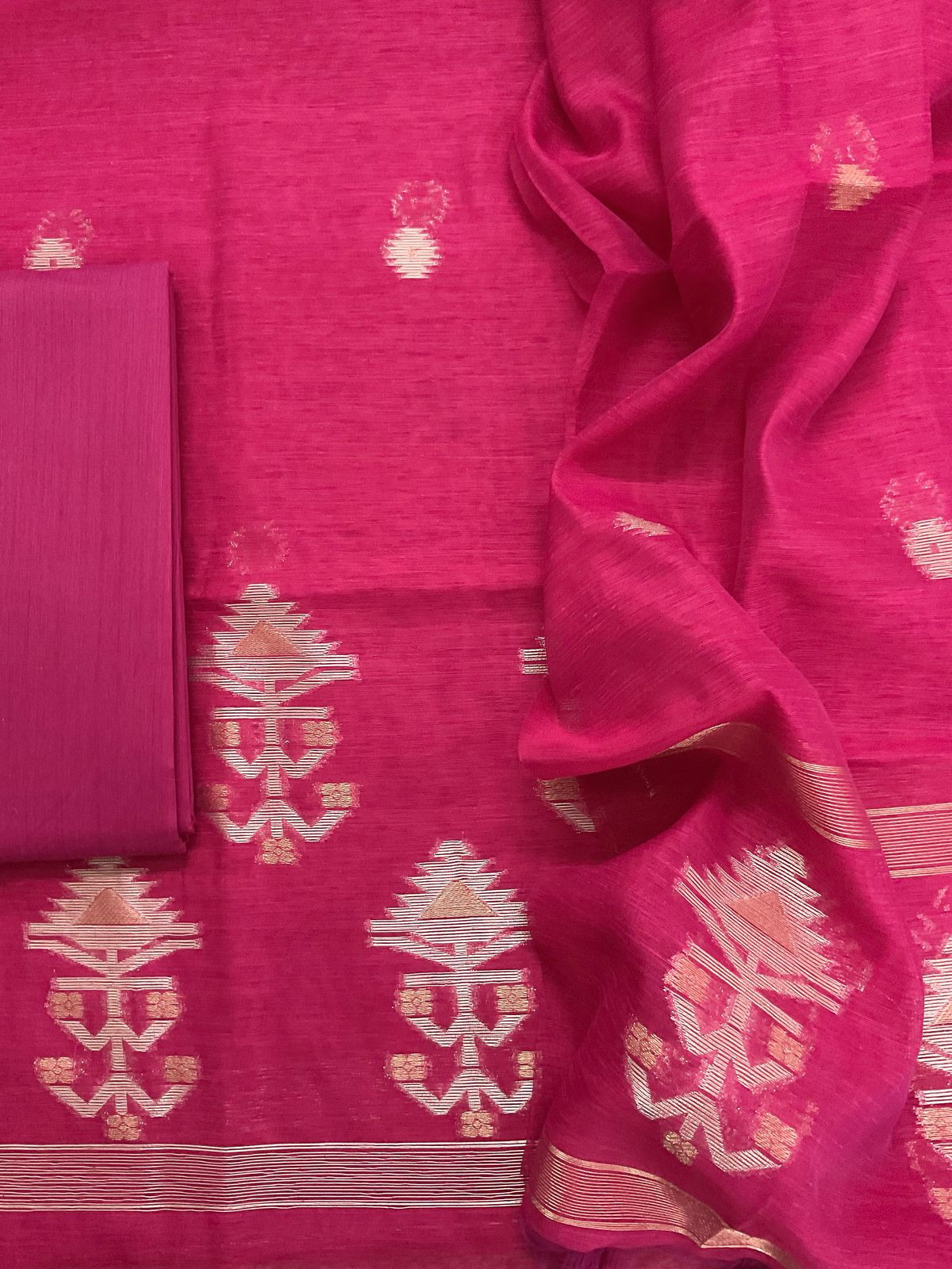 Soft Slub Chanderi Jamdani Weaved Suit - Pink