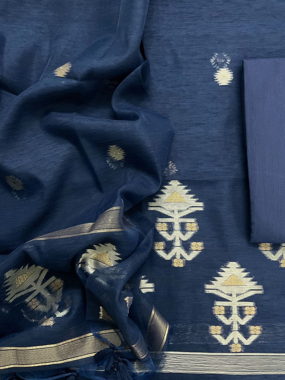 Soft Slub Chanderi Jamdani Weaved Suit - Dark Blue