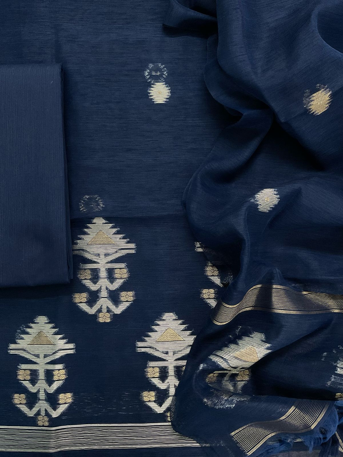 Soft Slub Chanderi Jamdani Weaved Suit - Dark Blue