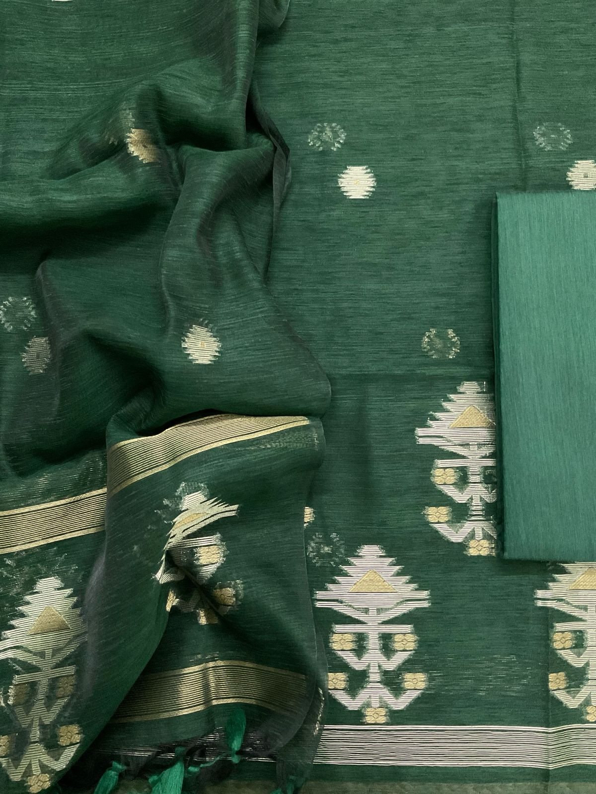 Soft Slub Chanderi Jamdani Weaved Suit - Green