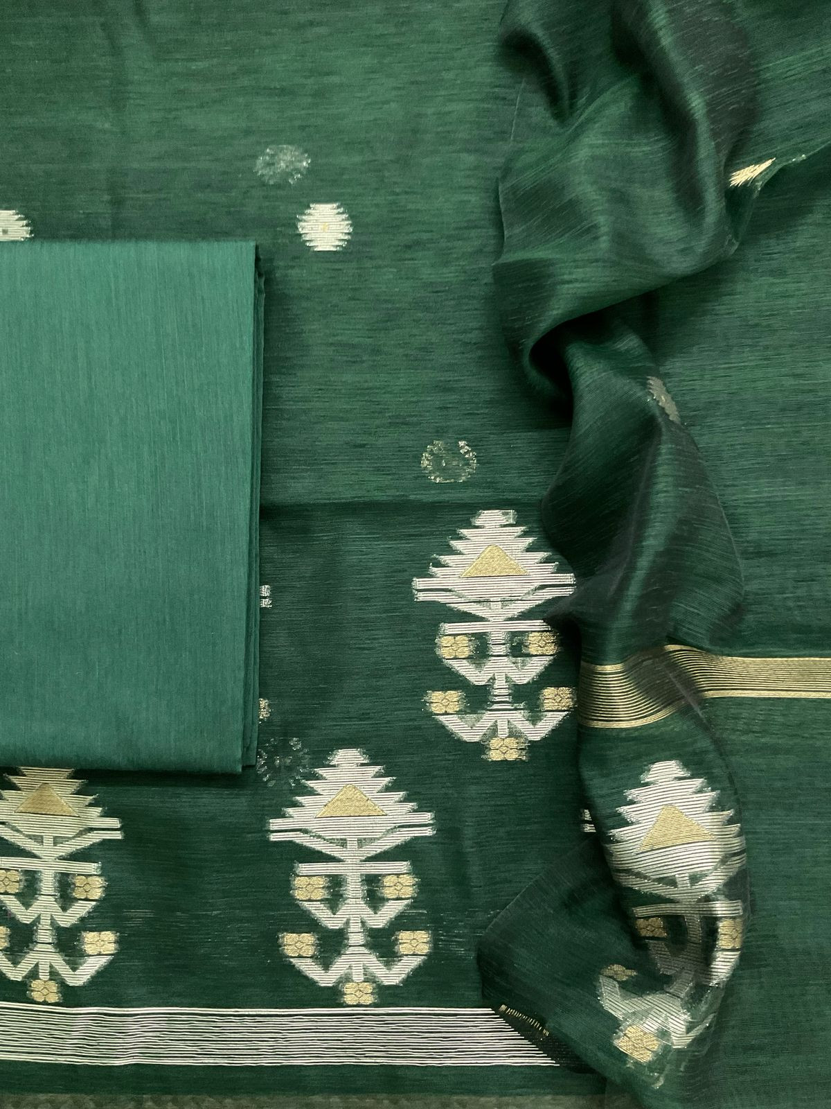 Soft Slub Chanderi Jamdani Weaved Suit - Green