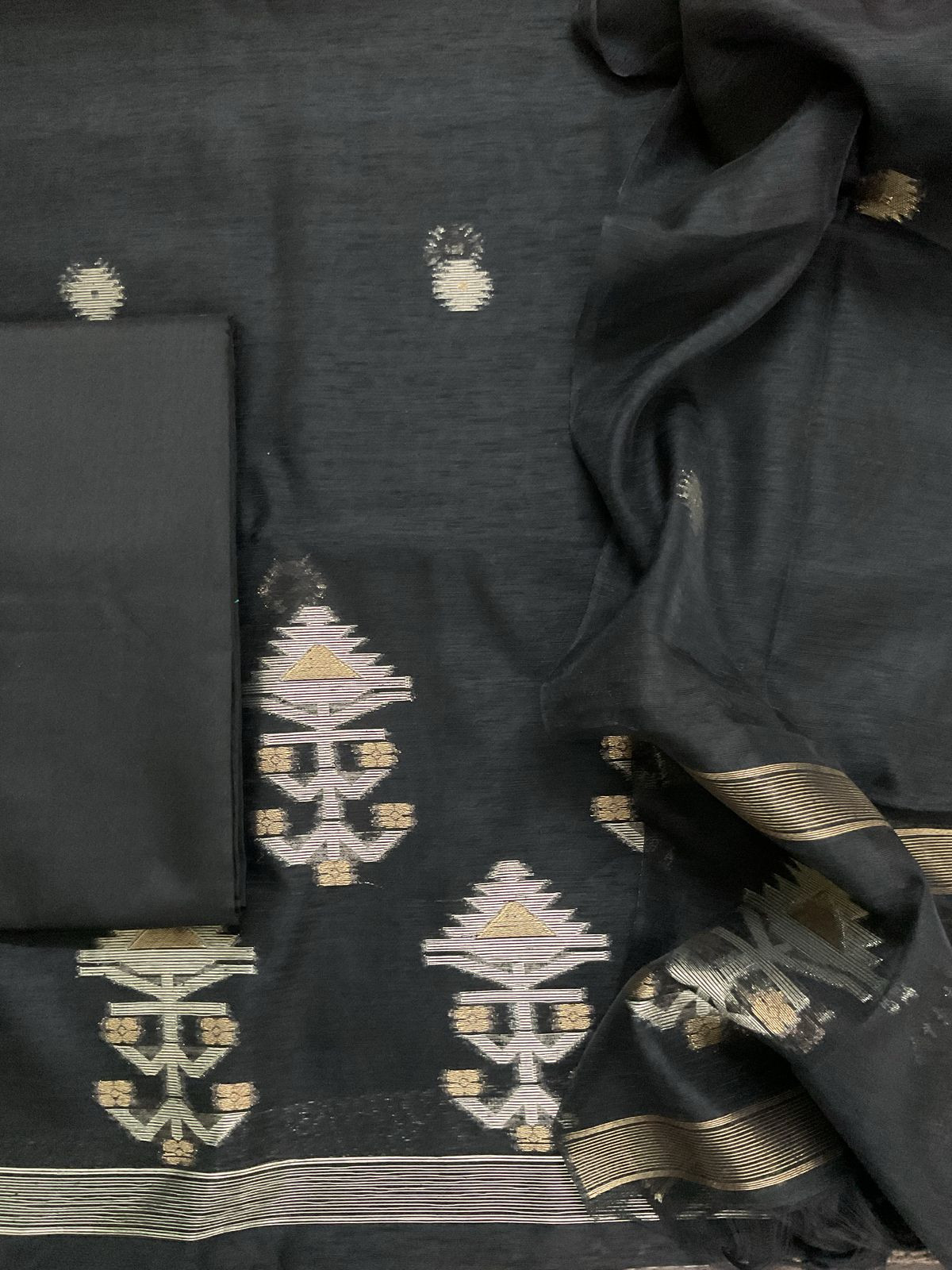 Soft Slub Chanderi Jamdani Weaved Suit - Black