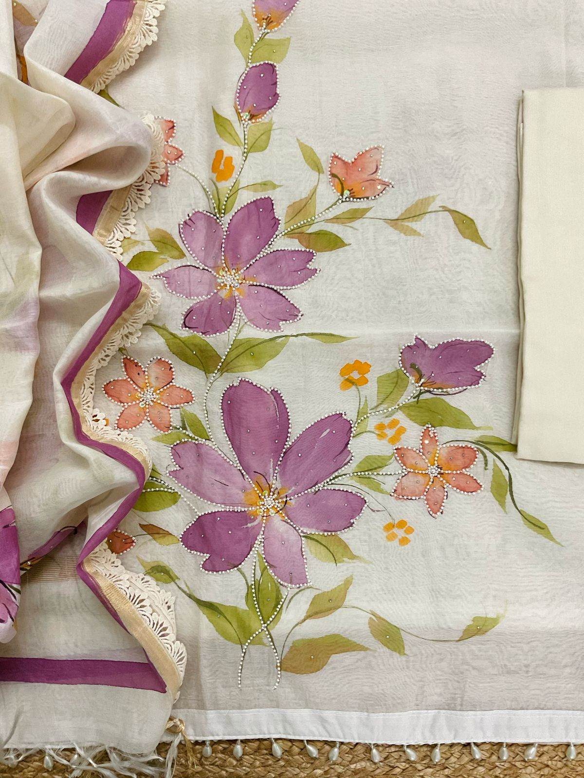 Pure Soft Chanderi Brush Painted Embroidered Suit - Offwhite