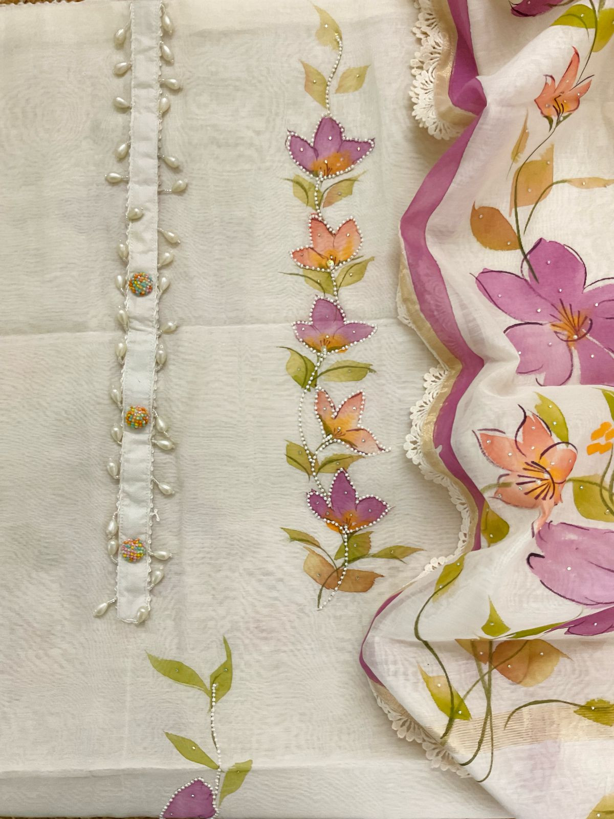 Pure Soft Chanderi Brush Painted Embroidered Suit - Offwhite