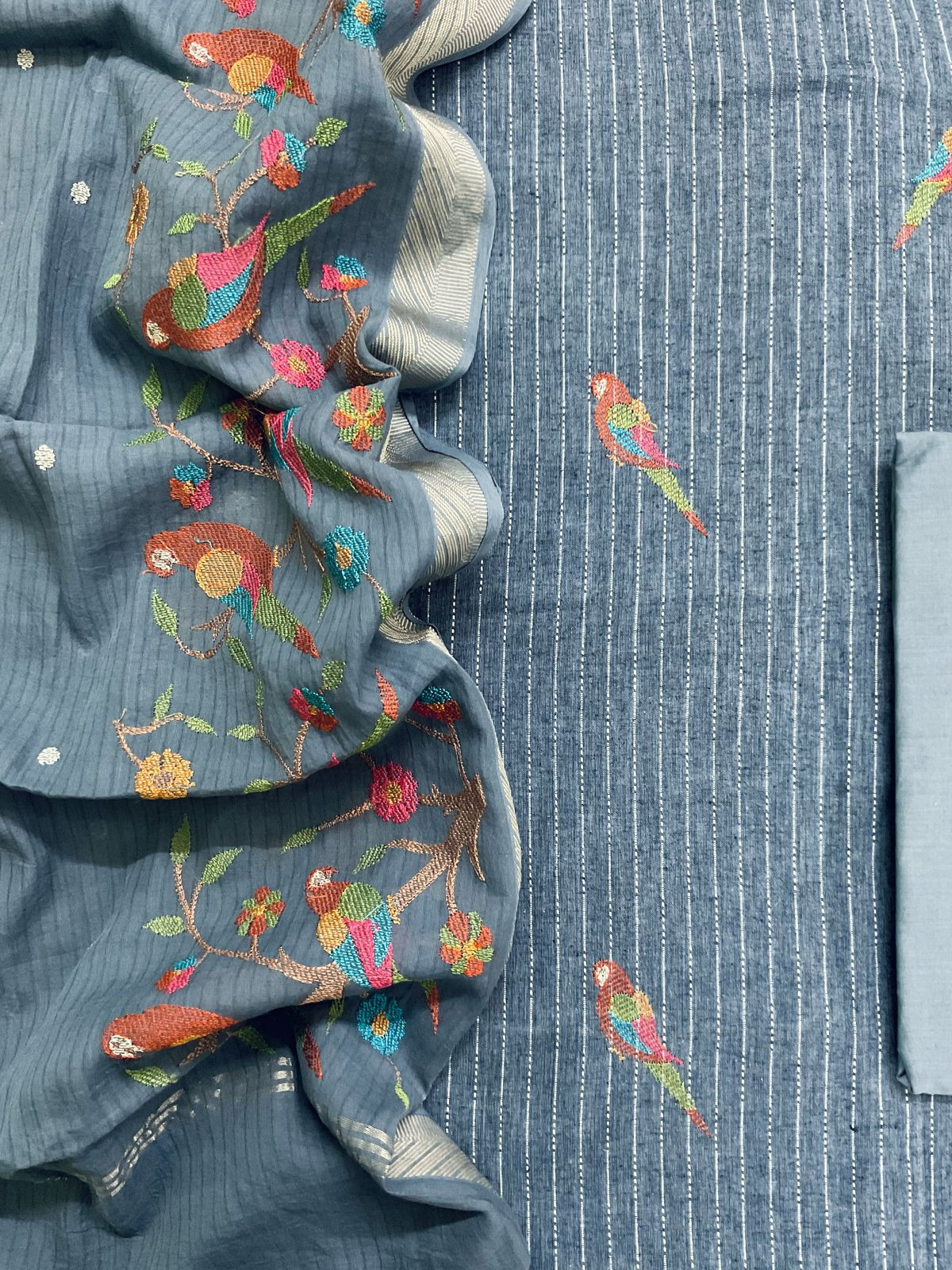 Pure Fine Handloom Cotton Self Weaved Embroidered Suit - Denim Blue