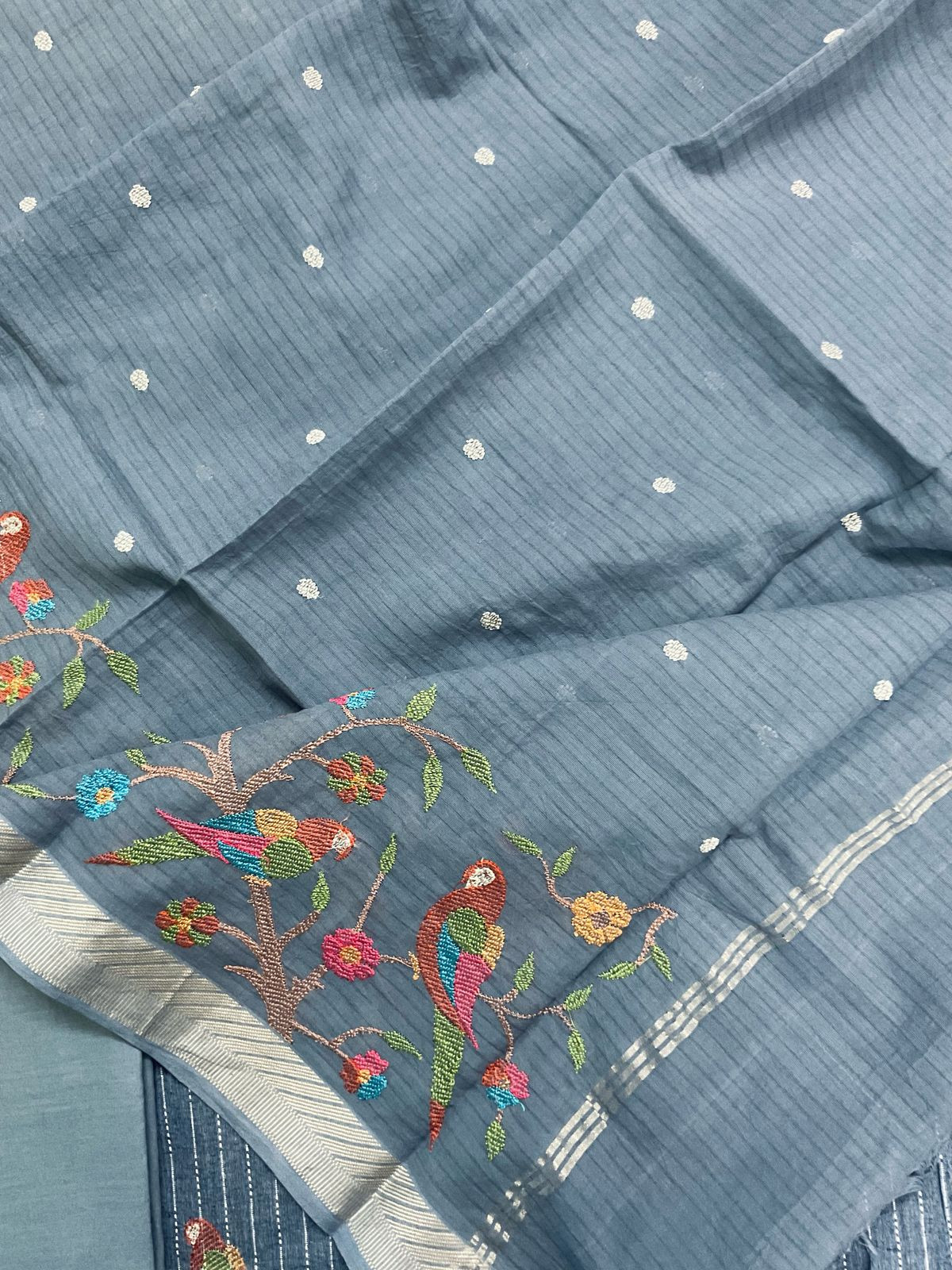 Pure Fine Handloom Cotton Self Weaved Embroidered Suit - Denim Blue