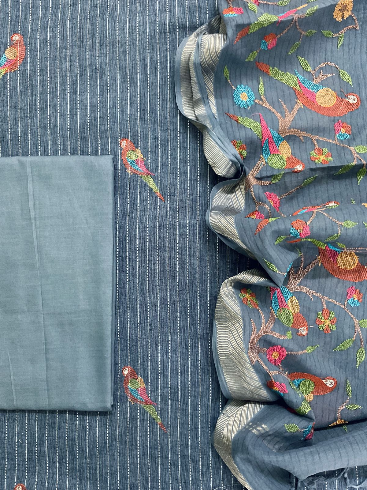 Pure Fine Handloom Cotton Self Weaved Embroidered Suit - Denim Blue