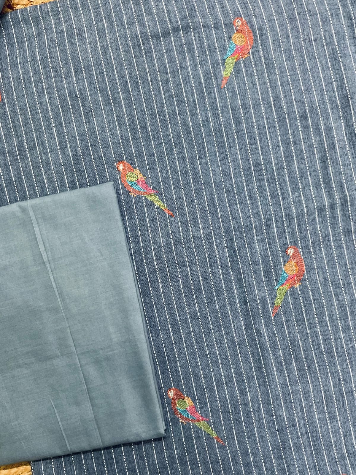 Pure Fine Handloom Cotton Self Weaved Embroidered Suit - Denim Blue