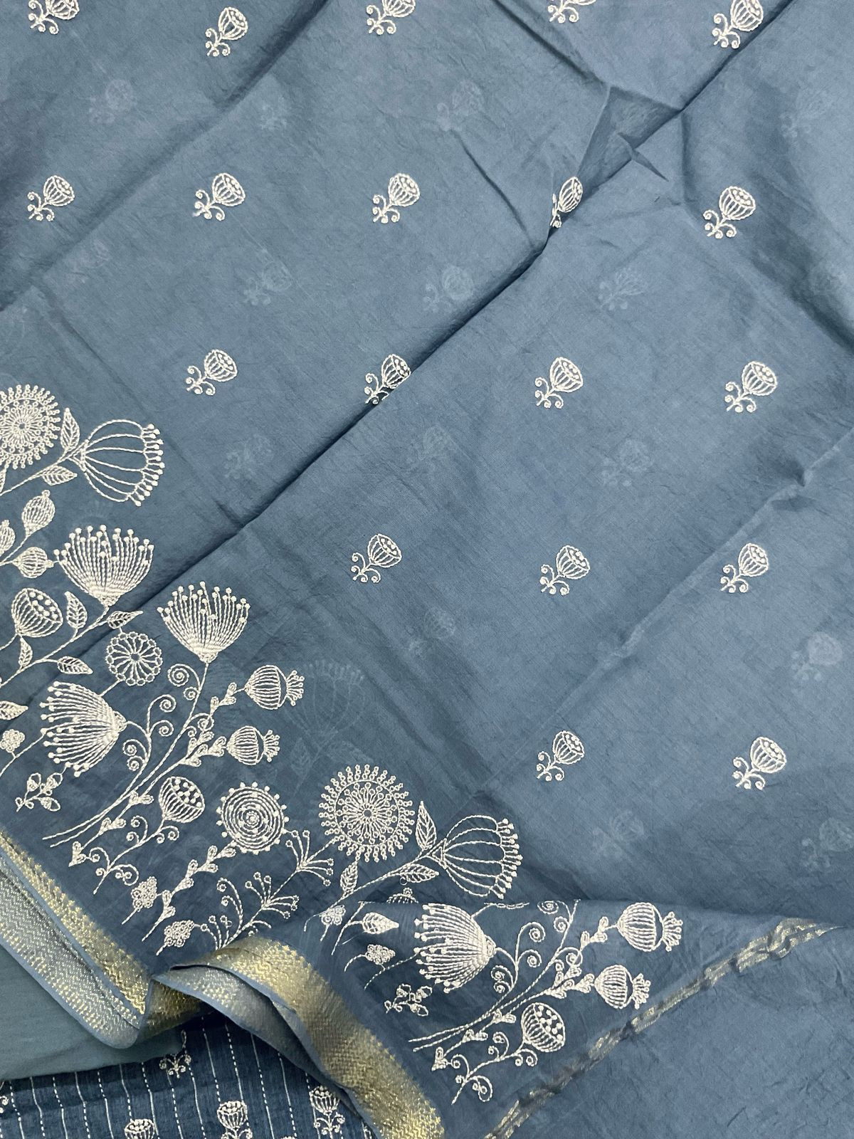Pure Fine Handloom Cotton Self Weaved Embroidered Suit - Denim Blue