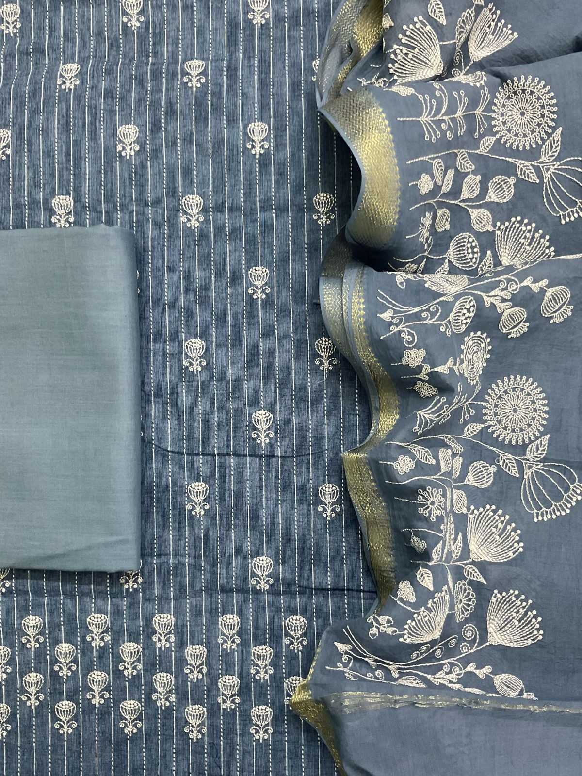 Pure Fine Handloom Cotton Self Weaved Embroidered Suit - Denim Blue