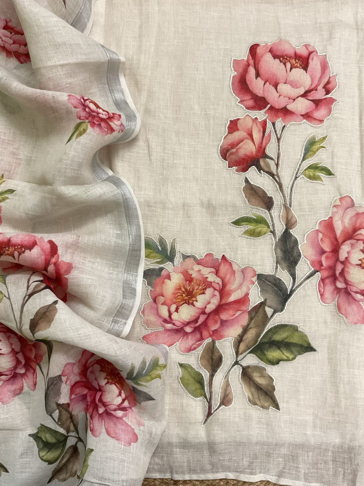 Pure Linen Jute Cotton Printed Embroidered Suit - Offwhite