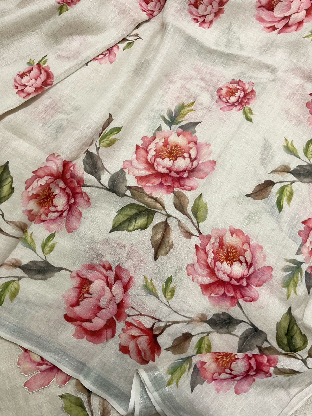 Pure Linen Jute Cotton Printed Embroidered Suit - Offwhite