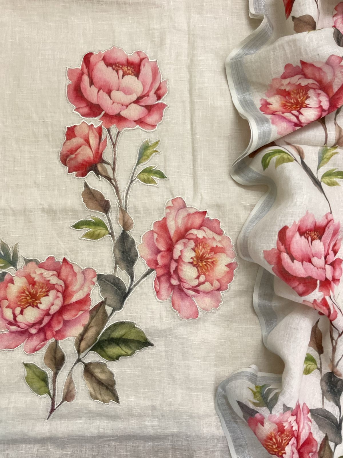 Pure Linen Jute Cotton Printed Embroidered Suit - Offwhite