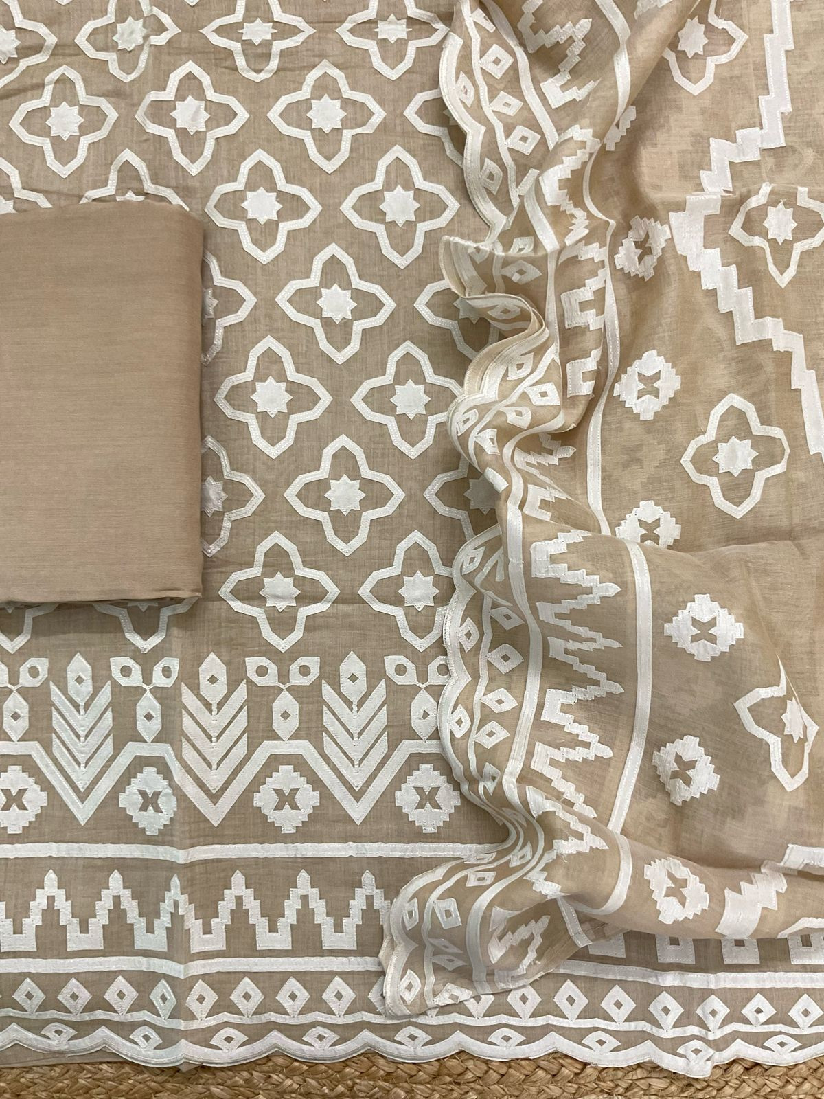 Pure Mul Chanderi Appliqu Work Suit - Beige