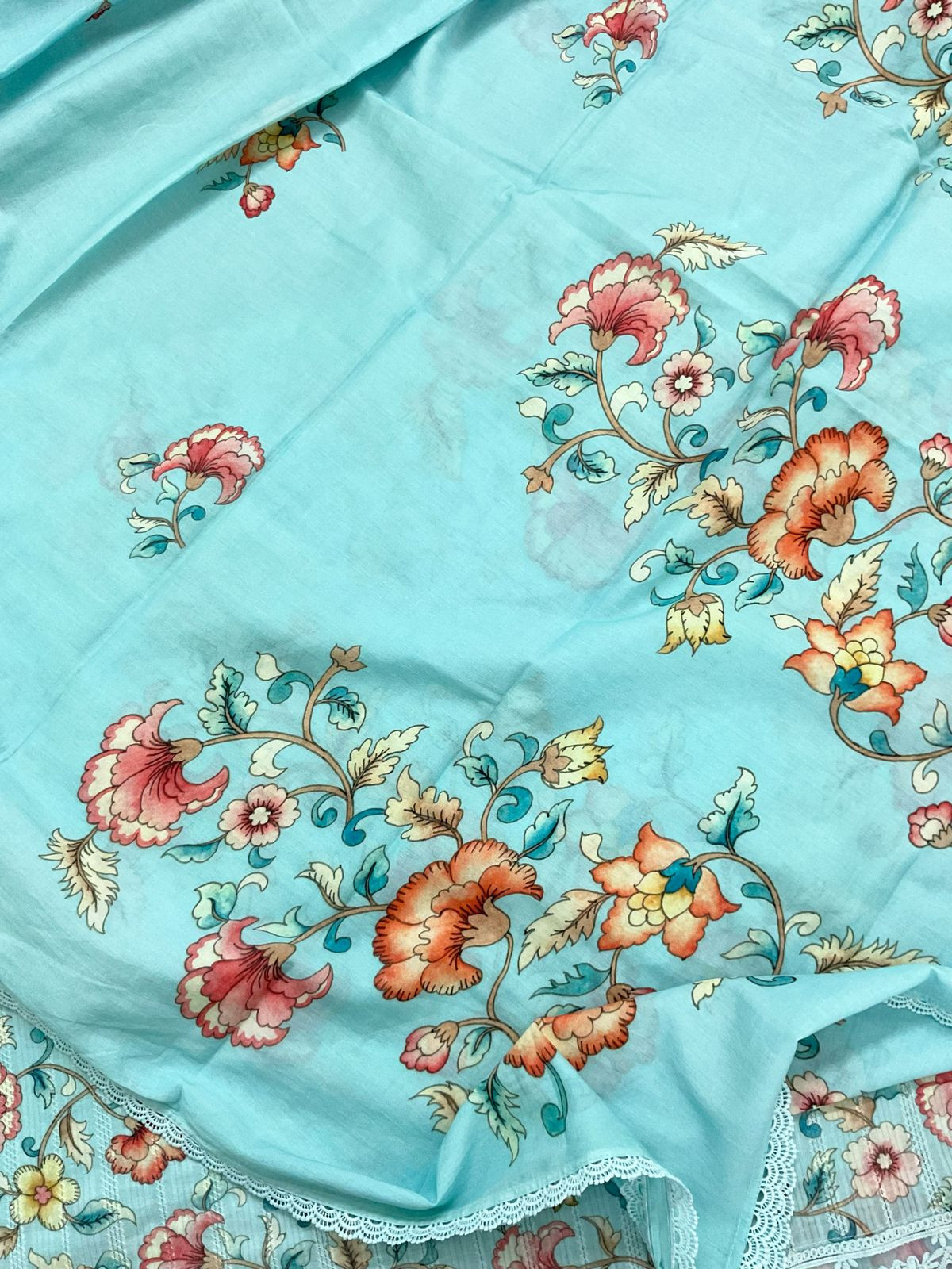 Pure Fine Mul Cotton Self Weaved Printer Suit - Blue