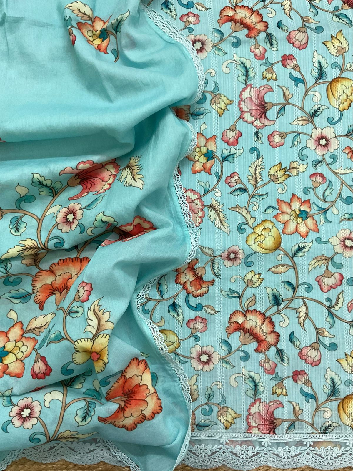 Pure Fine Mul Cotton Self Weaved Printer Suit - Blue