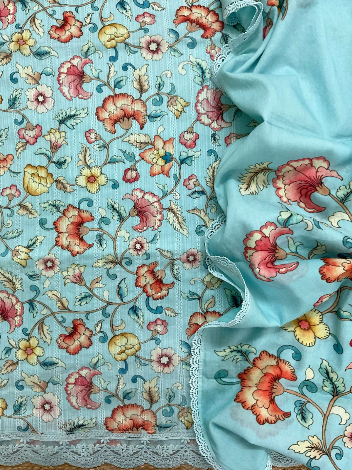 Pure Fine Mul Cotton Self Weaved Printer Suit - Blue