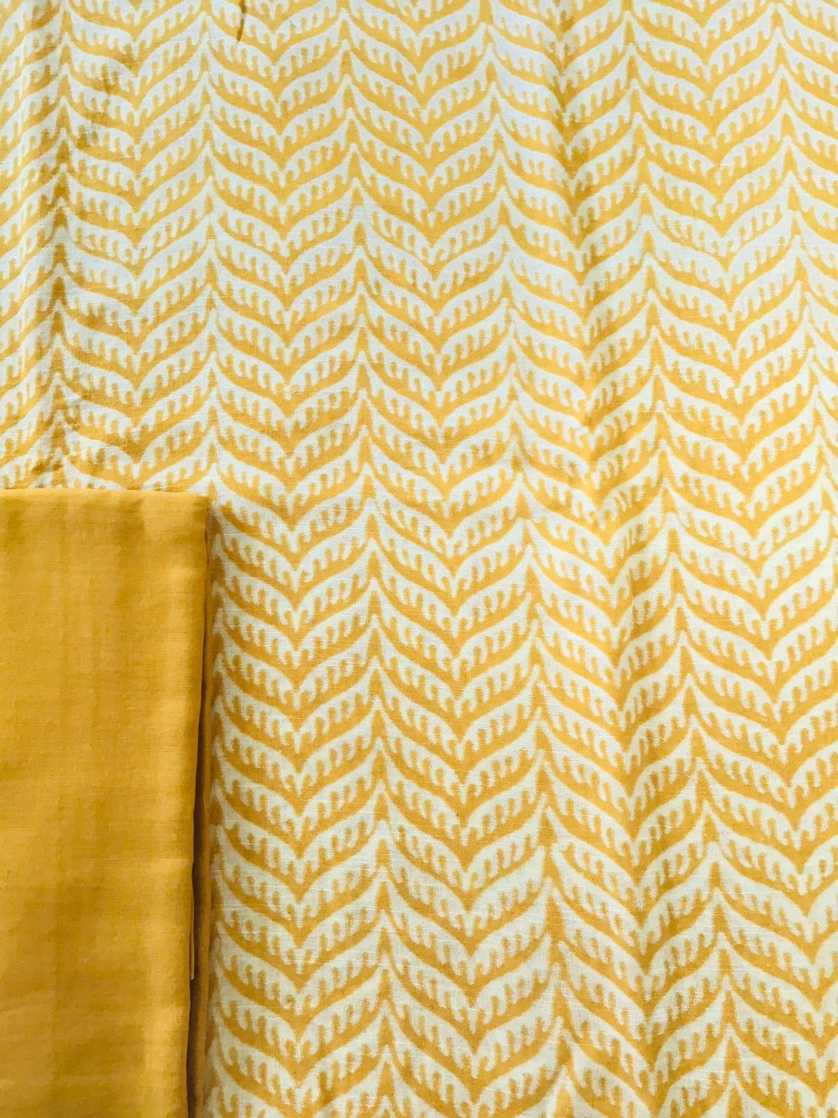 Pure Linen Jute Cotton Silk Printed Suit - Yellow