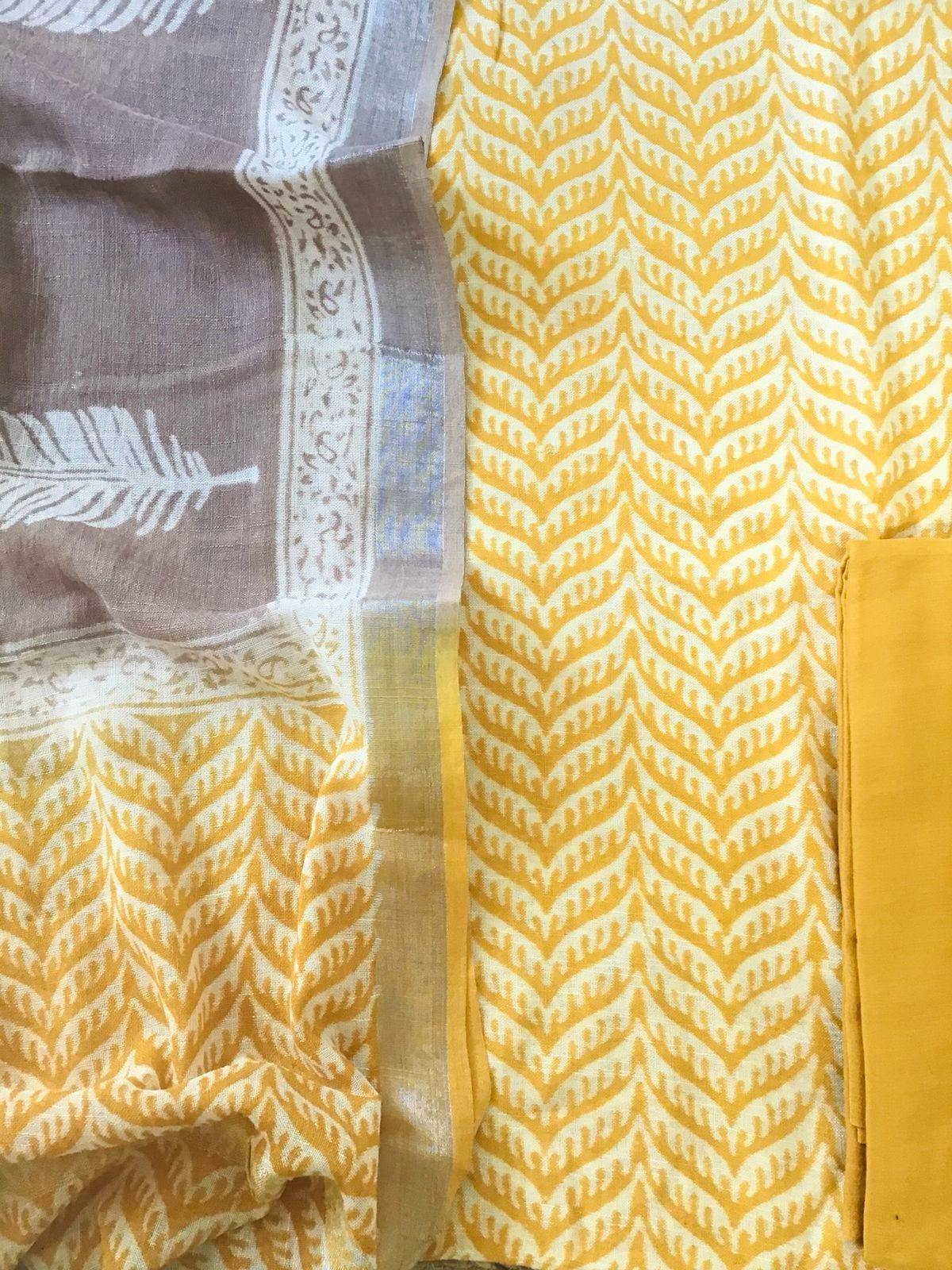 Pure Linen Jute Cotton Silk Printed Suit - Yellow