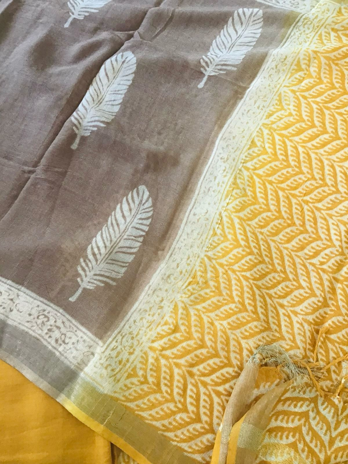 Pure Linen Jute Cotton Silk Printed Suit - Yellow