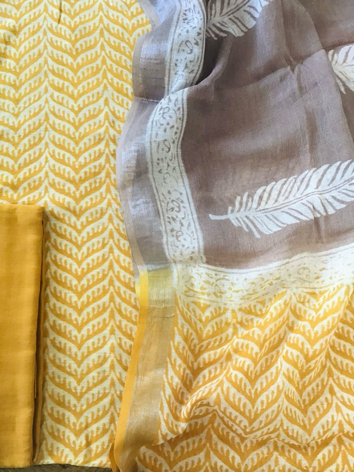 Pure Linen Jute Cotton Silk Printed Suit - Yellow