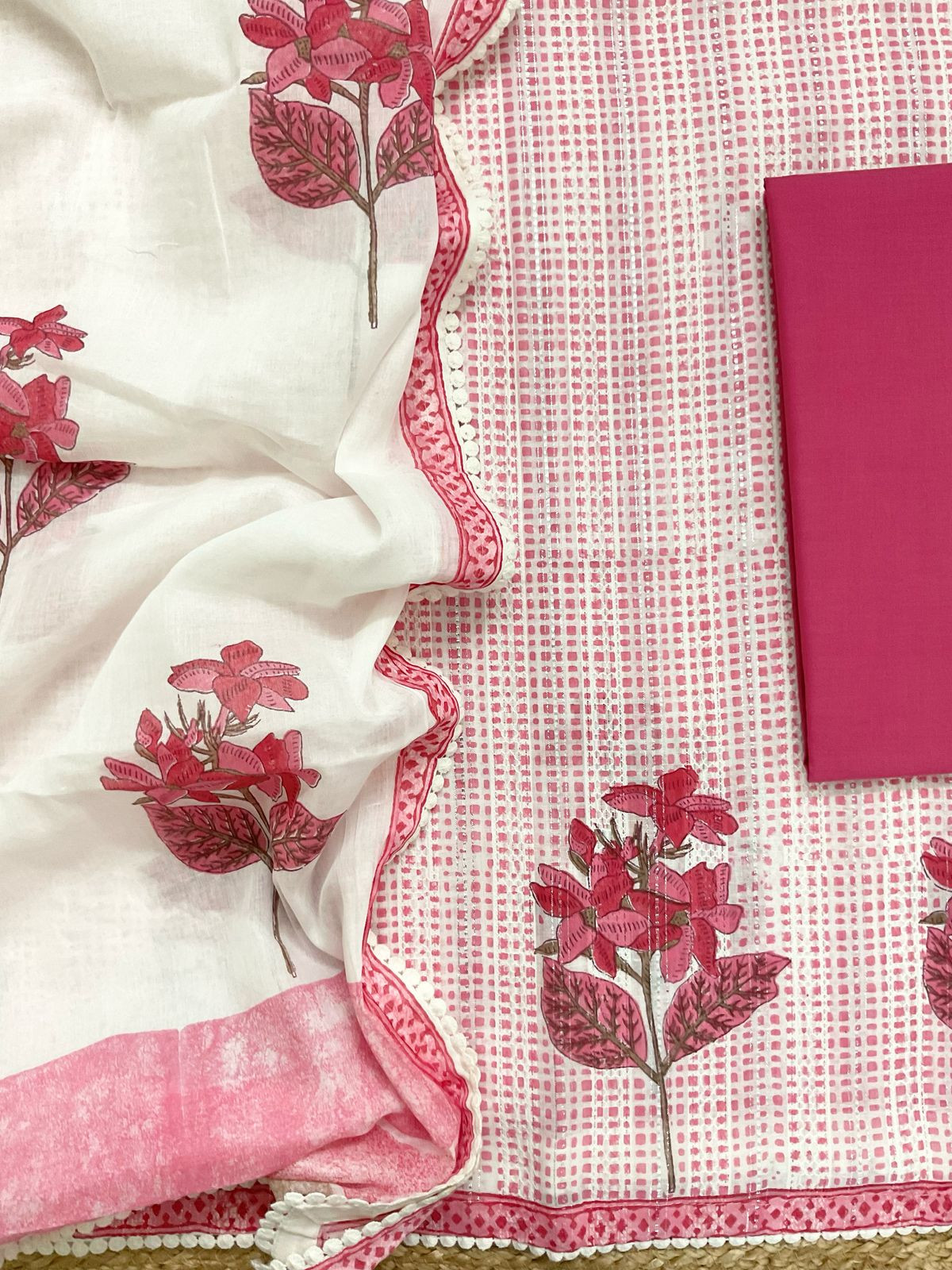 Pure Fine Cotton Self Weaved Printed Suit - Pink