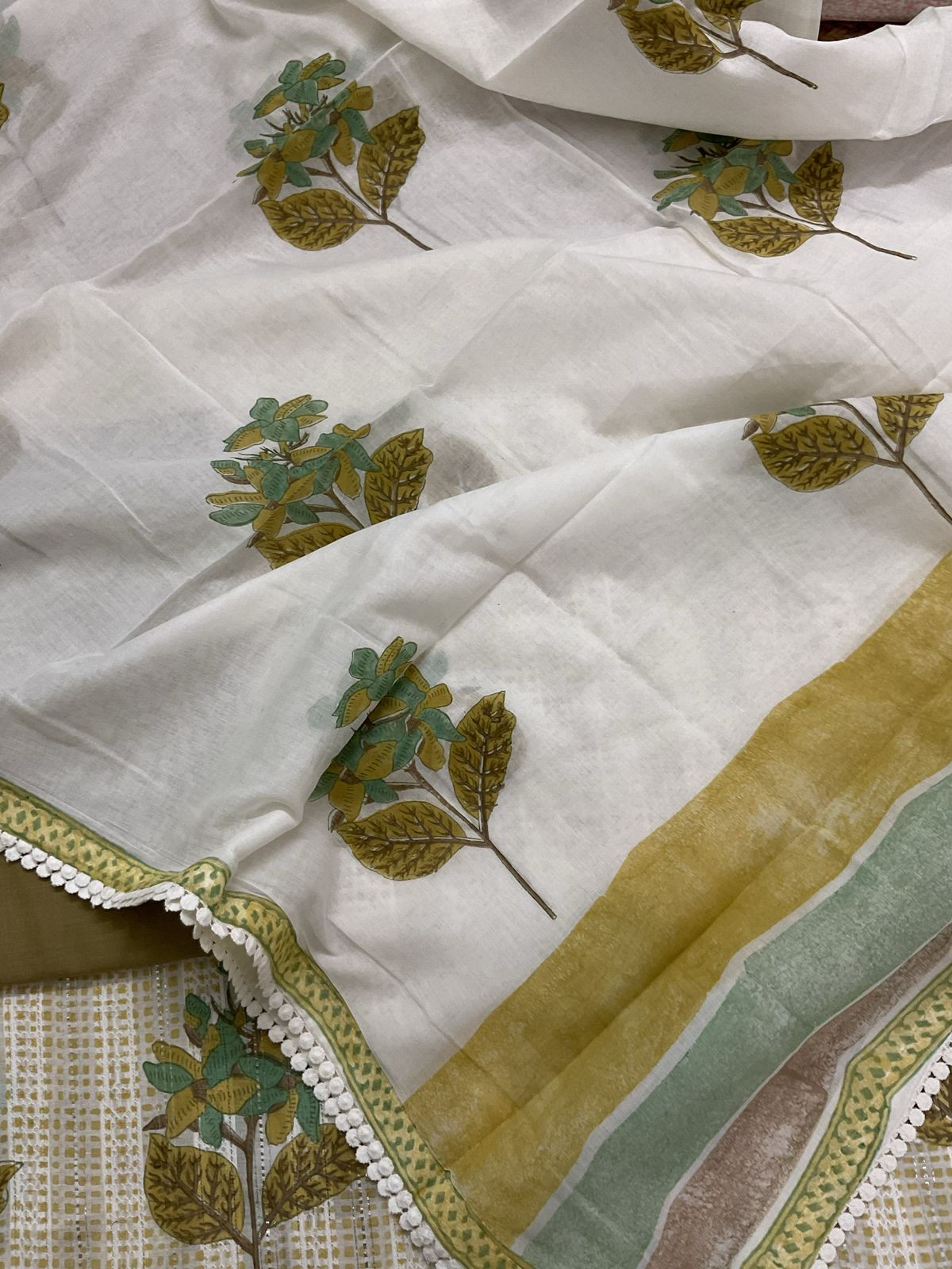 Pure Fine Cotton Self Weaved Printed Suit - Yellowish Green
