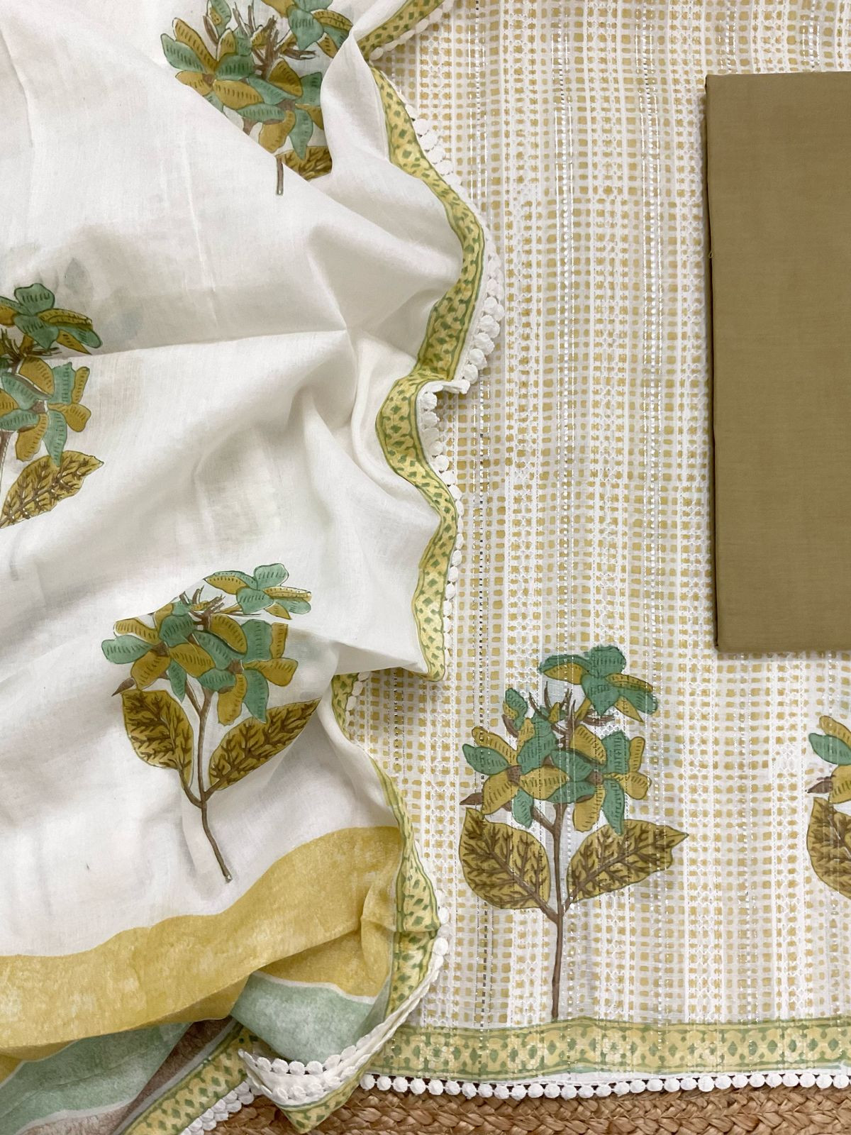 Pure Fine Cotton Self Weaved Printed Suit - Yellowish Green