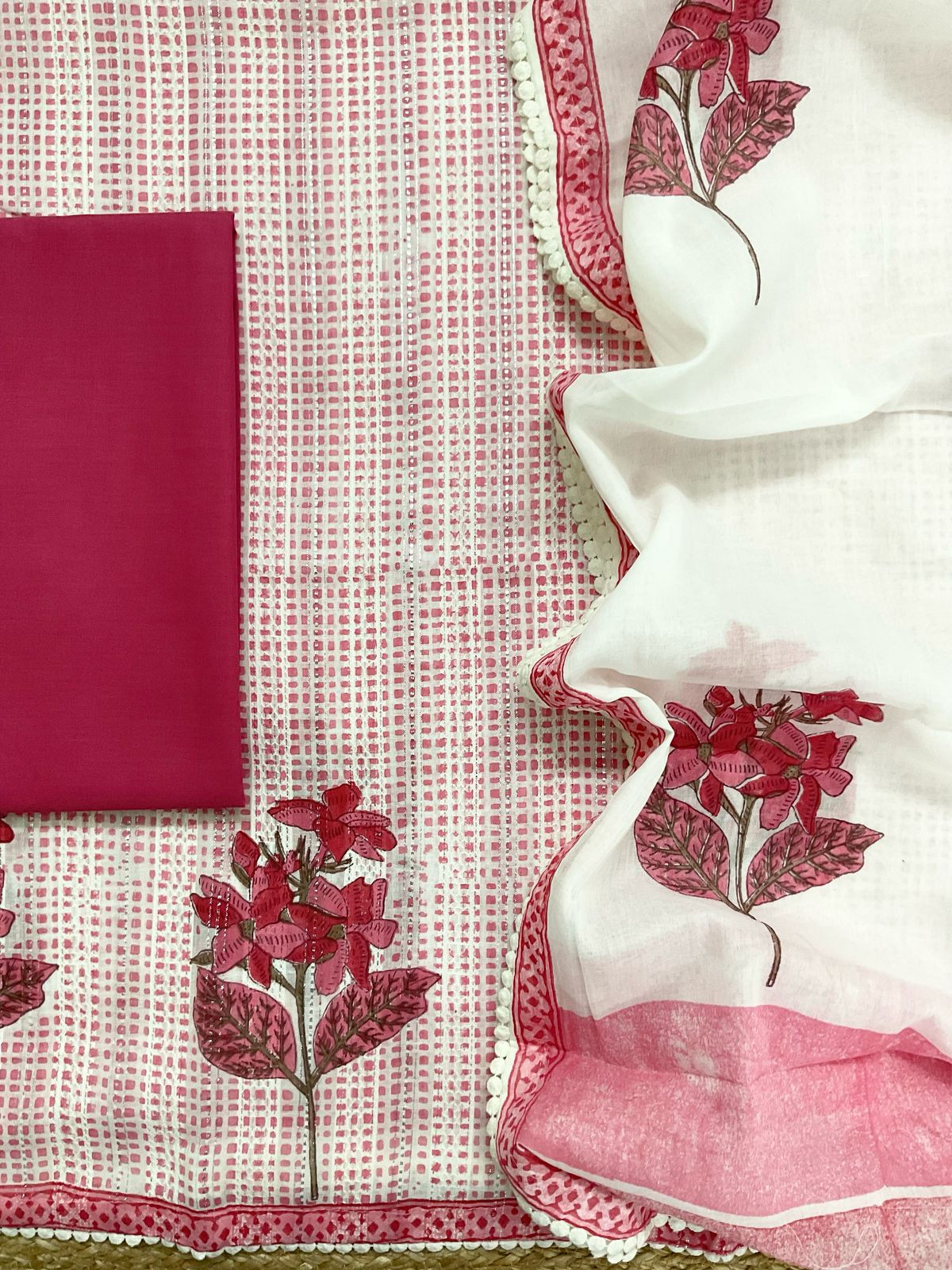 Pure Fine Cotton Self Weaved Printed Suit - Pink