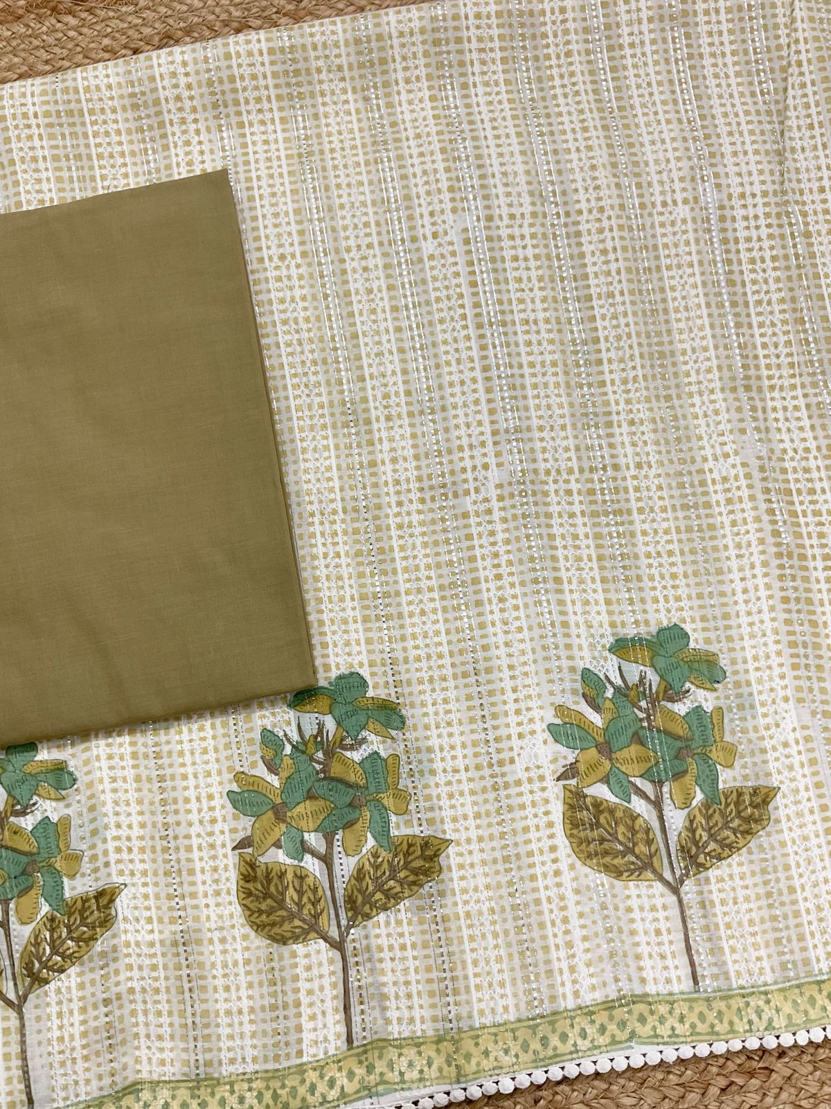 Pure Fine Cotton Self Weaved Printed Suit - Yellowish Green