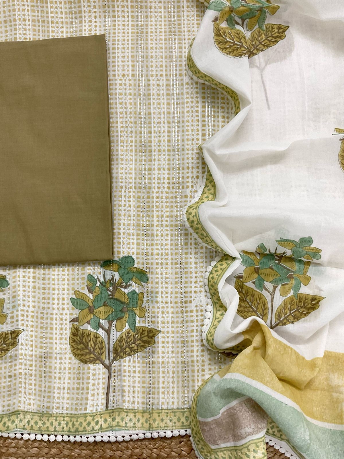 Pure Fine Cotton Self Weaved Printed Suit - Yellowish Green