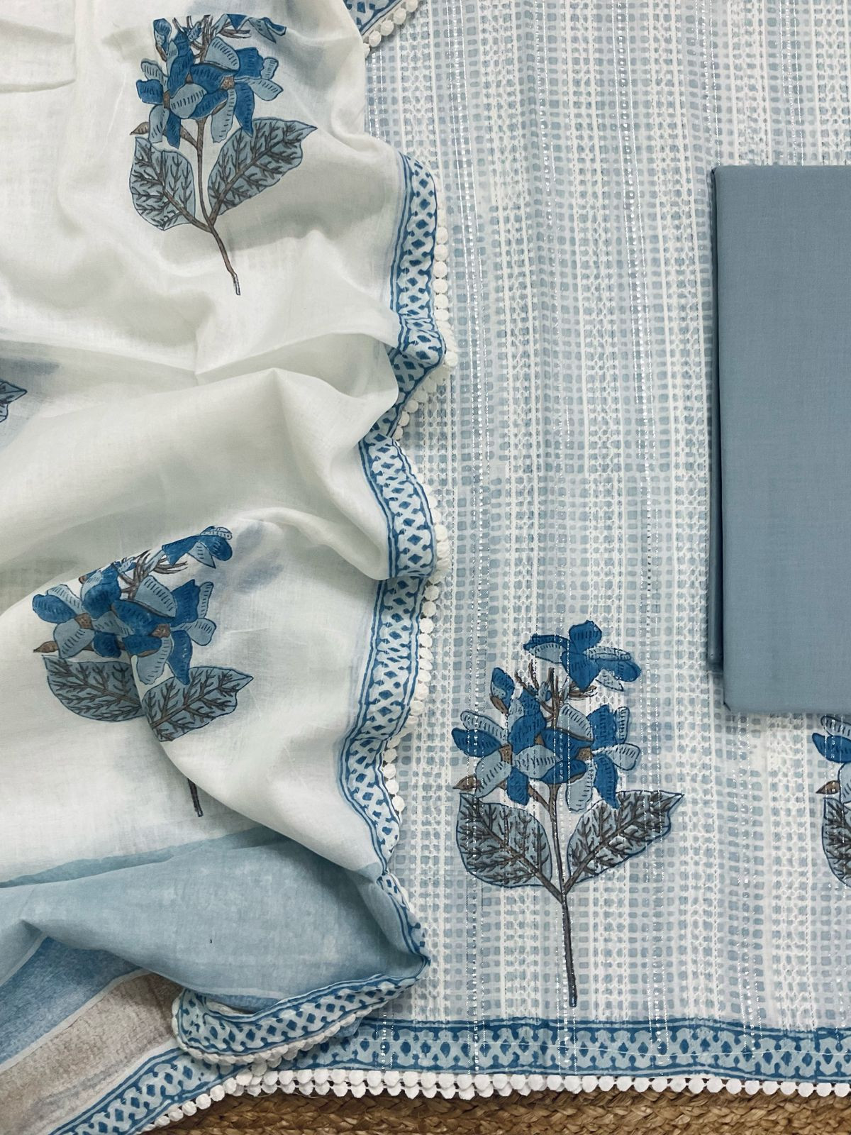 Pure Fine Cotton Self Weaved Printed Suit - Grey