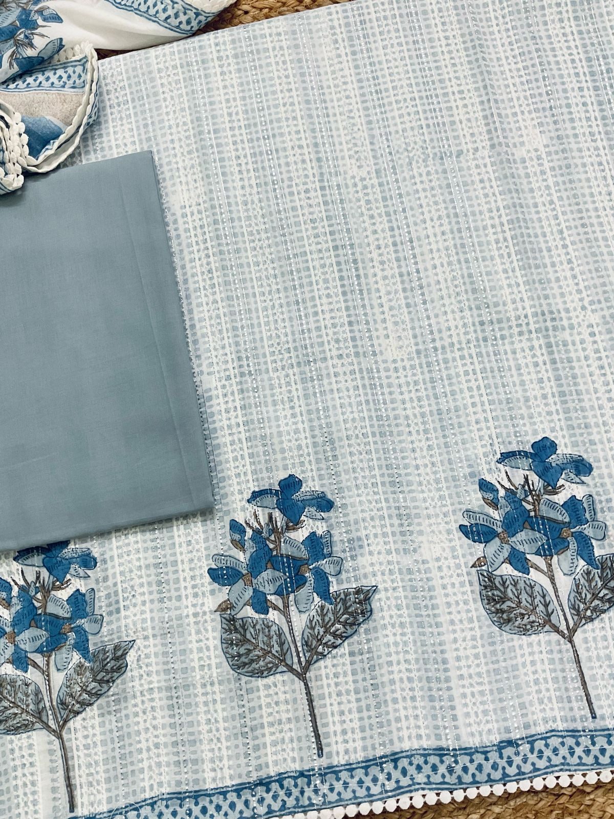 Pure Fine Cotton Self Weaved Printed Suit - Grey