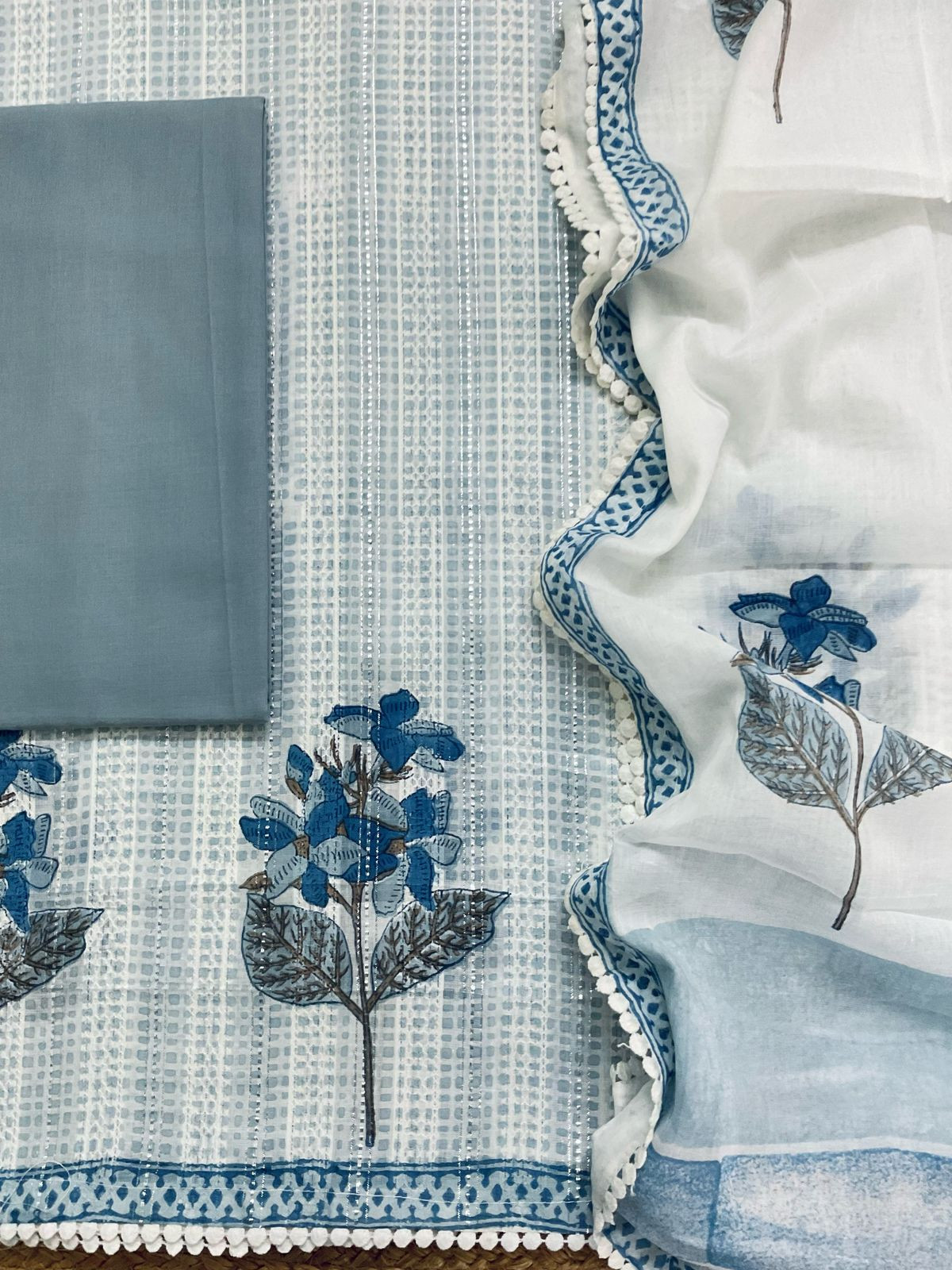 Pure Fine Cotton Self Weaved Printed Suit - Grey