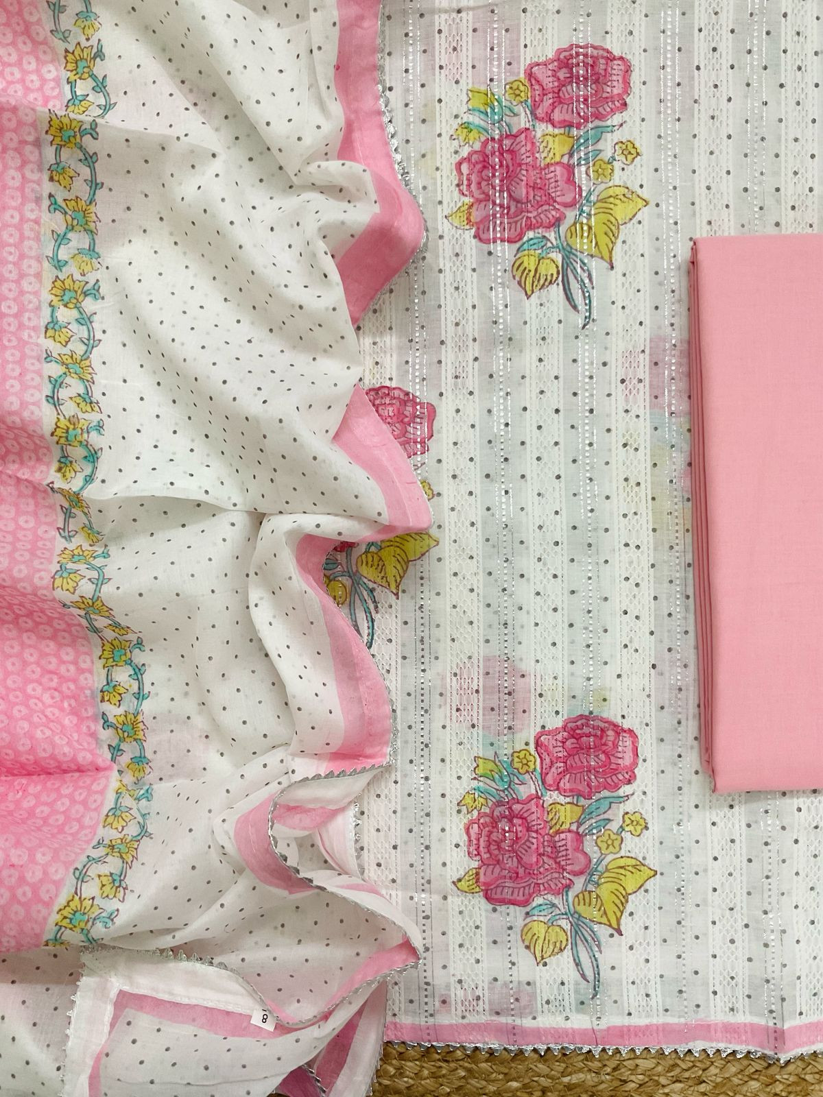 Pure Fine Cotton Self Weaved Printed Suit - Off White