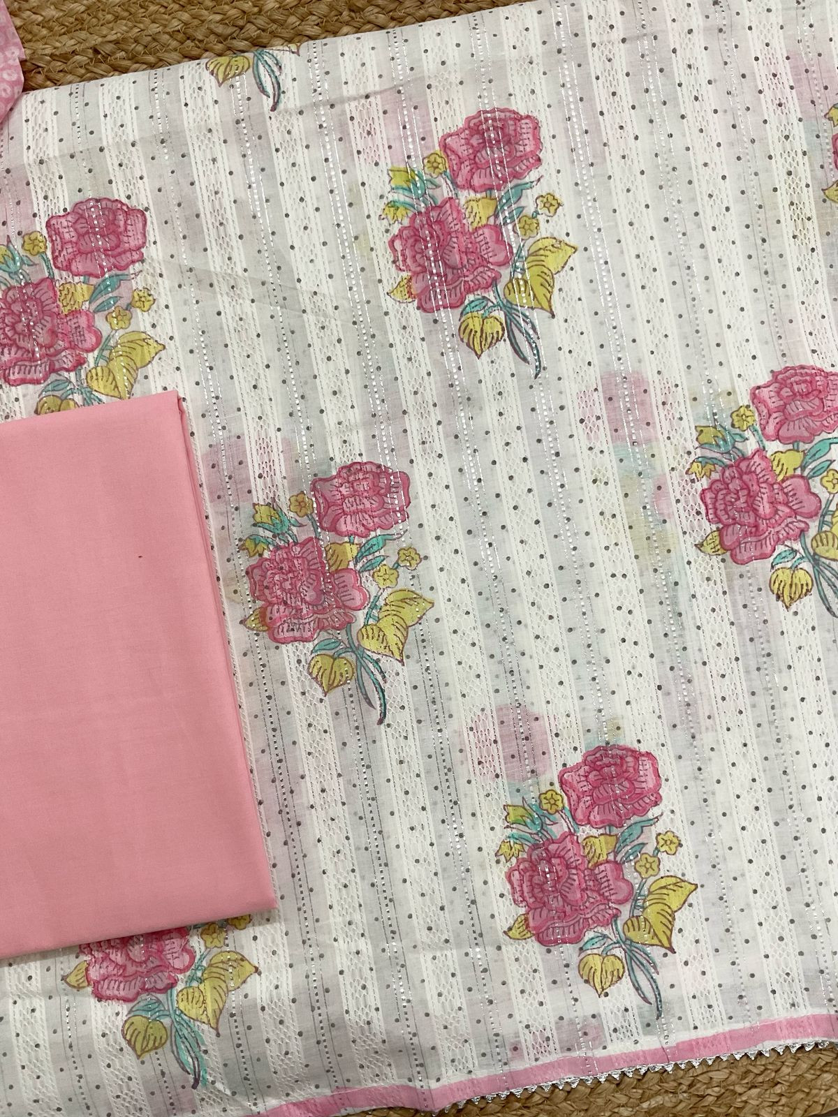 Pure Fine Cotton Self Weaved Printed Suit - Off White