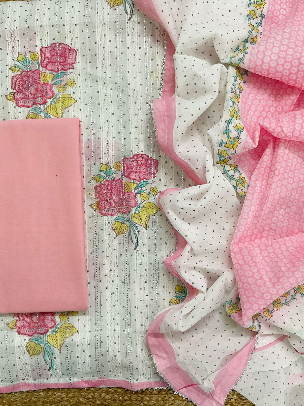 Pure Fine Cotton Self Weaved Printed Suit - Off White