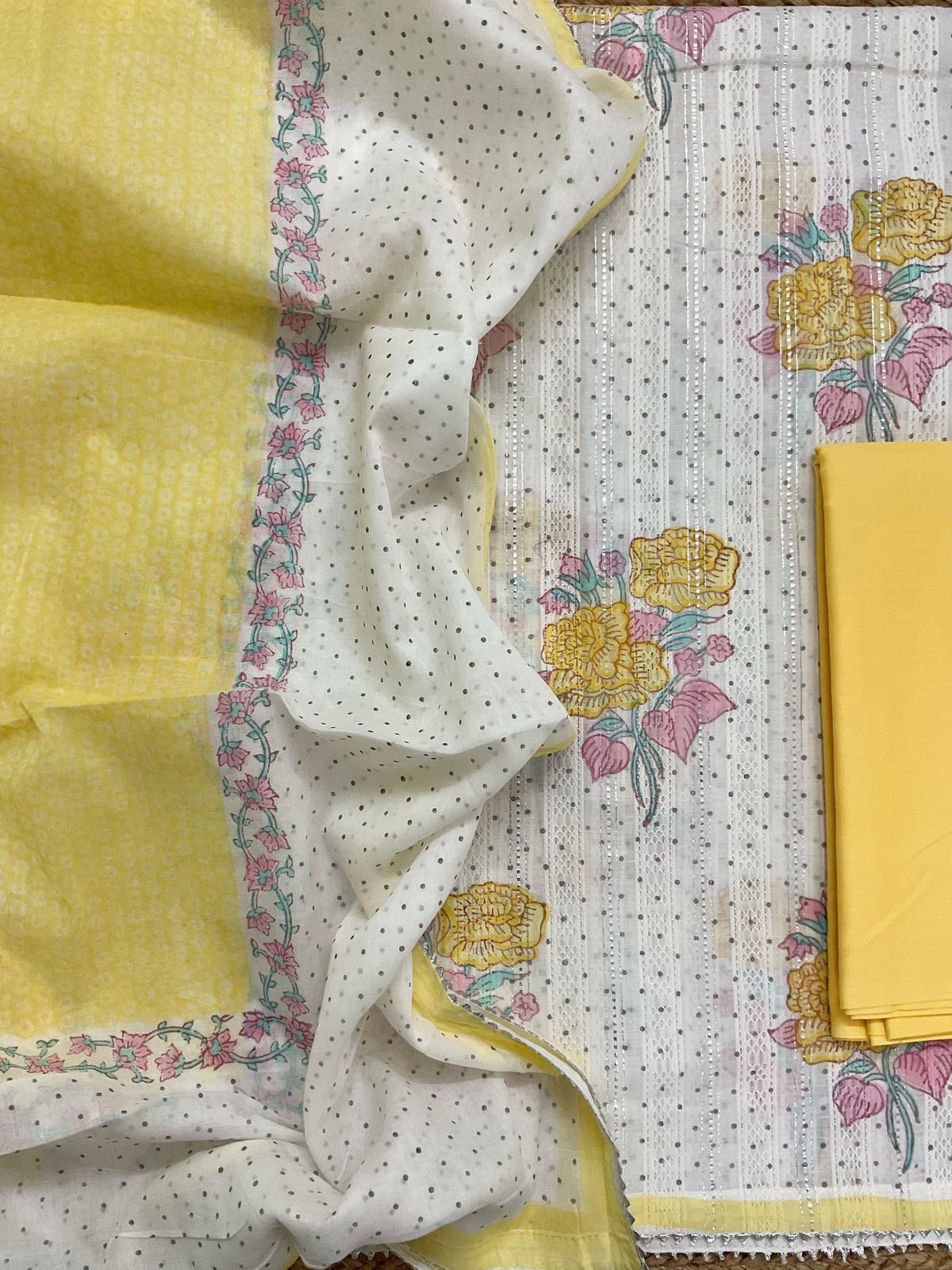 Pure Fine Cotton Self Weaved Printed Suit - Off White