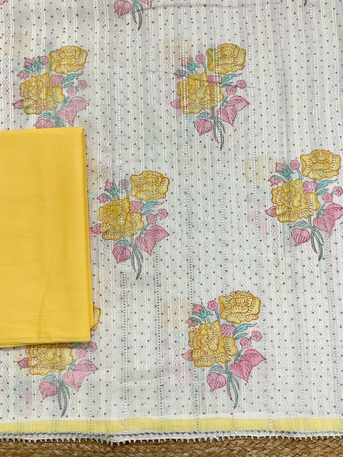 Pure Fine Cotton Self Weaved Printed Suit - Off White