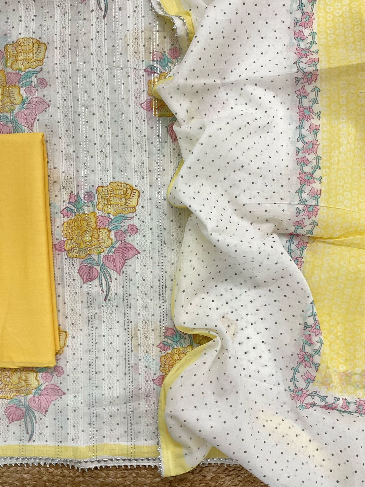 Pure Fine Cotton Self Weaved Printed Suit - Off White