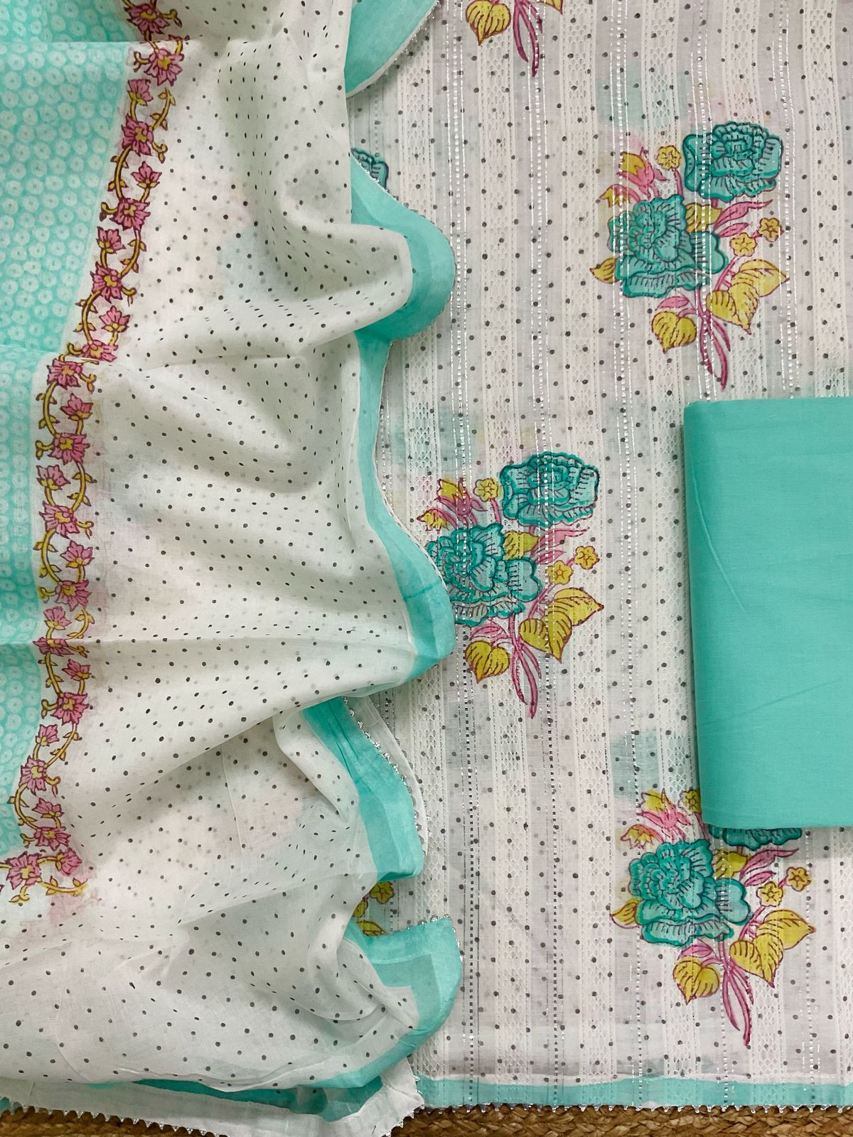 Pure Fine Cotton Self Weaved Printed Suit - Off White