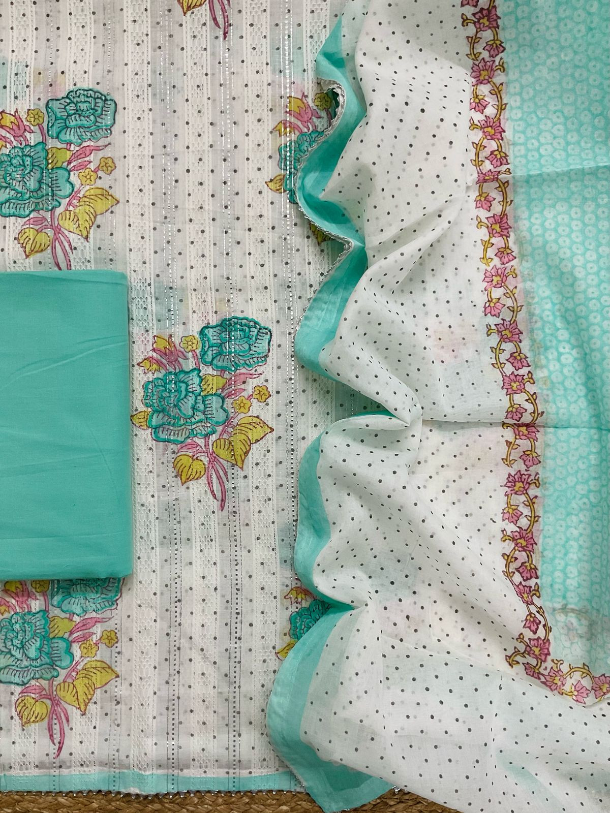 Pure Fine Cotton Self Weaved Printed Suit - Off White