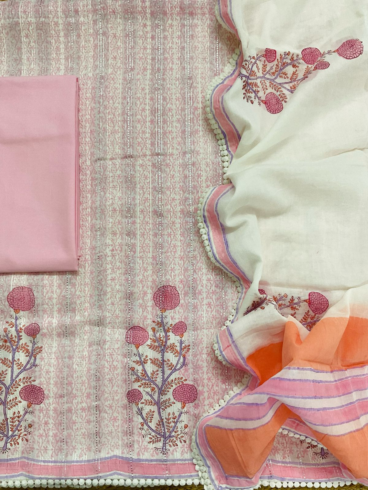 Pure Fine Cotton Self Weaved Printed Suit - Pink