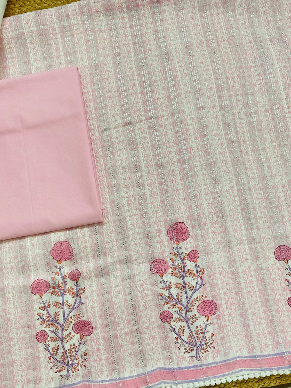 Pure Fine Cotton Self Weaved Printed Suit - Pink