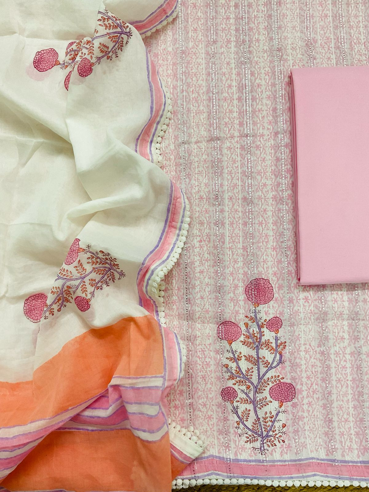 Pure Fine Cotton Self Weaved Printed Suit - Pink