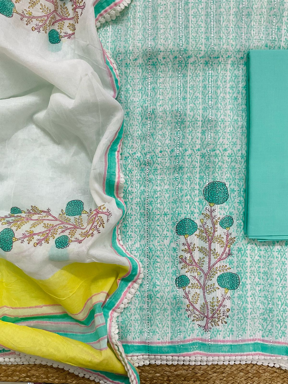 Pure Fine Cotton Self Weaved Printed Suit - Green