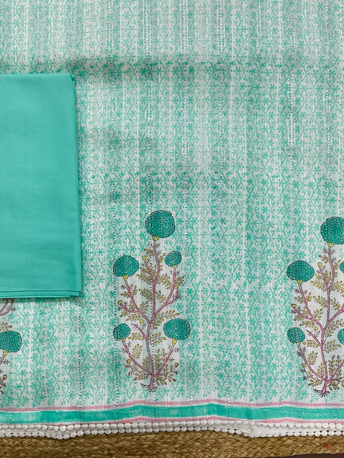 Pure Fine Cotton Self Weaved Printed Suit - Green