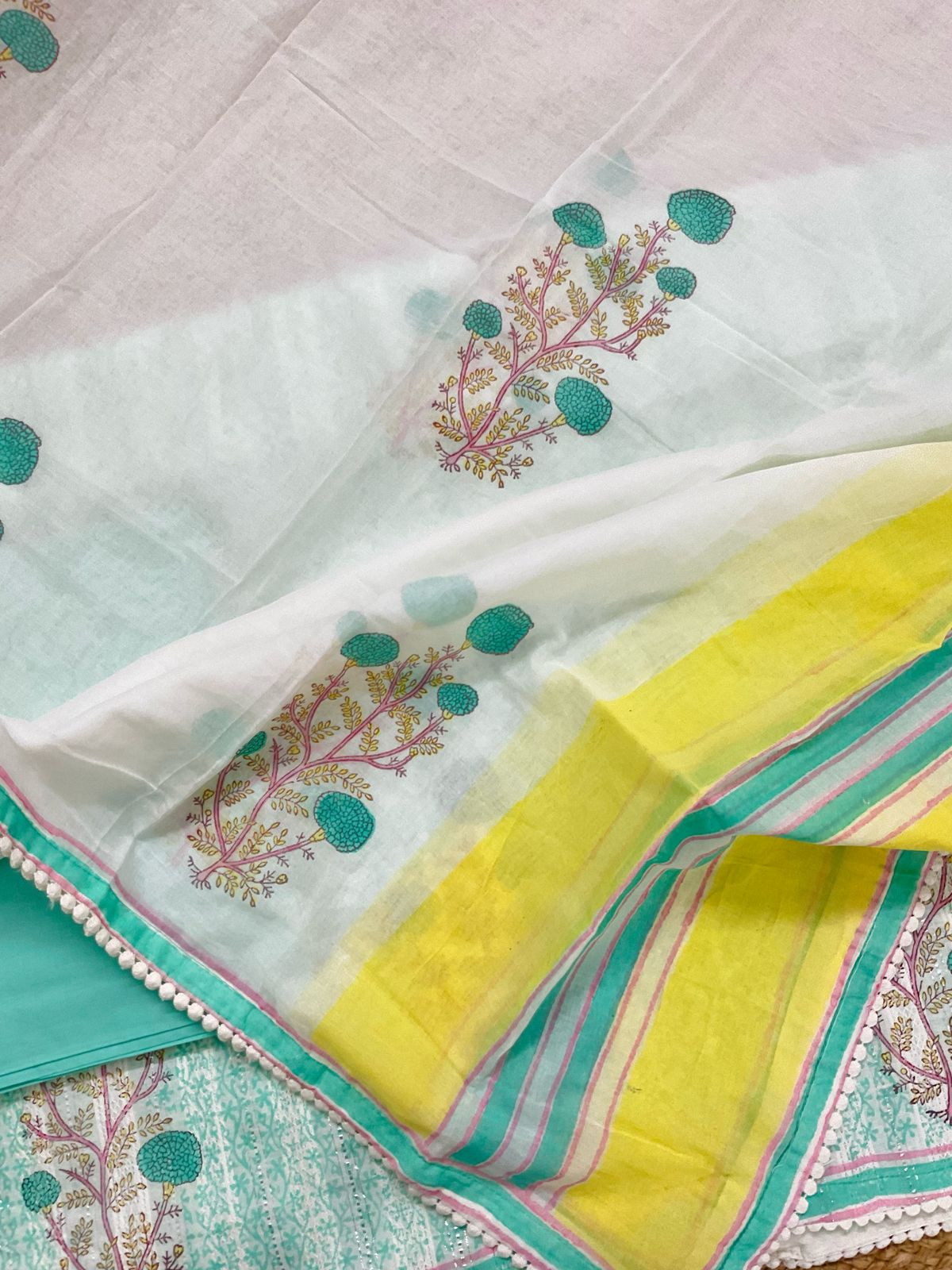 Pure Fine Cotton Self Weaved Printed Suit - Green