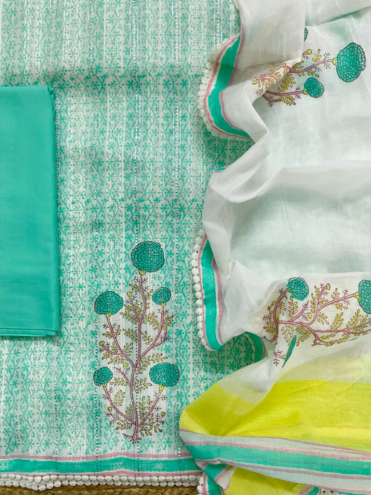 Pure Fine Cotton Self Weaved Printed Suit - Green