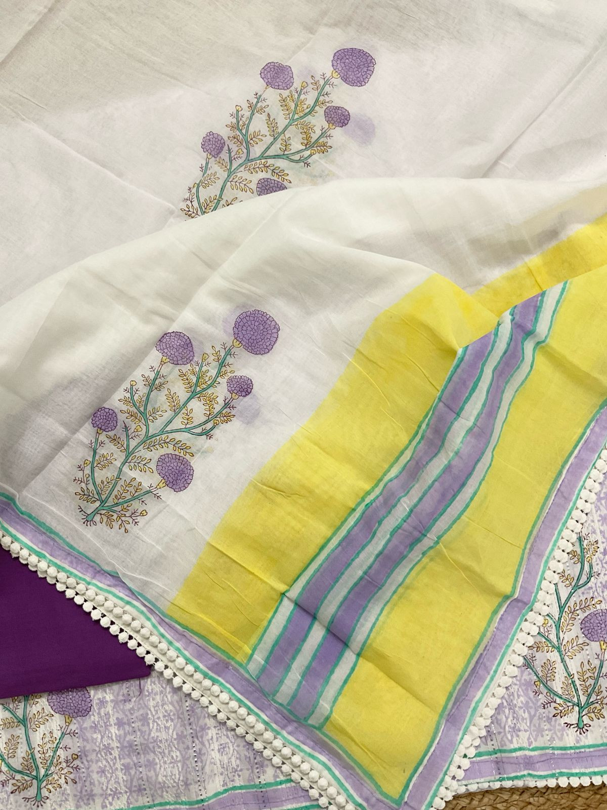 Pure Fine Cotton Self Weaved Printed Suit - Lavender